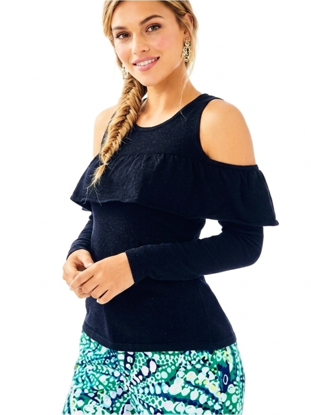 Lilly Pulitzer Black Metallic Ruffle Knit Top Cut Out Womens Small Light Sweater